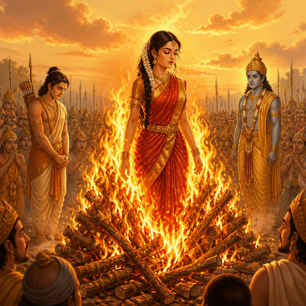 Sita steps into the tall pyre of sacred wood at golden late afternoon as the flames rise around her, Lakshmana looking away and Rama watching stone-still.
