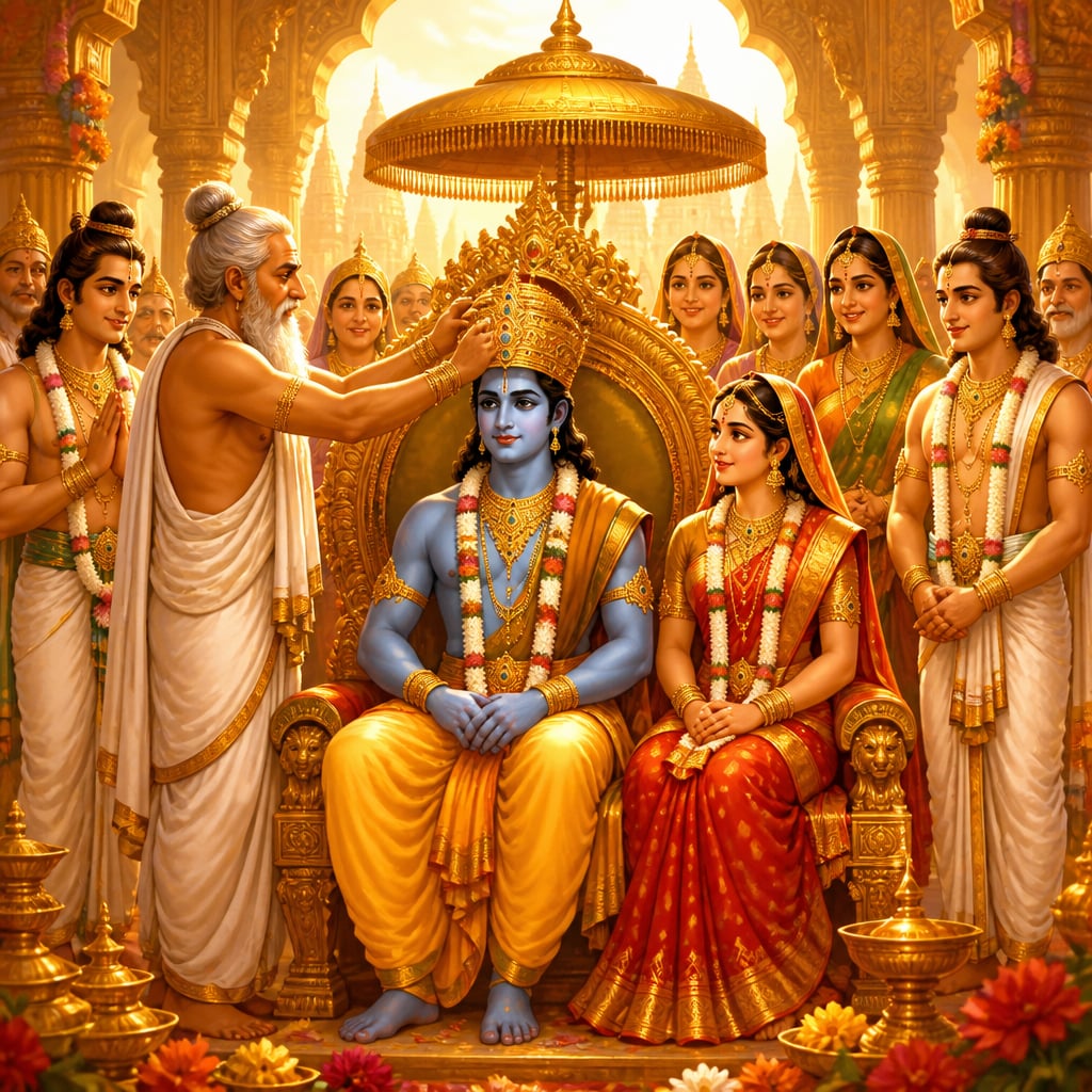 Rama sits on the high golden throne of Ayodhya at golden midday as Vasishtha places the heavy jeweled crown on his head, with Sita beside him and the three queen mothers nearby.