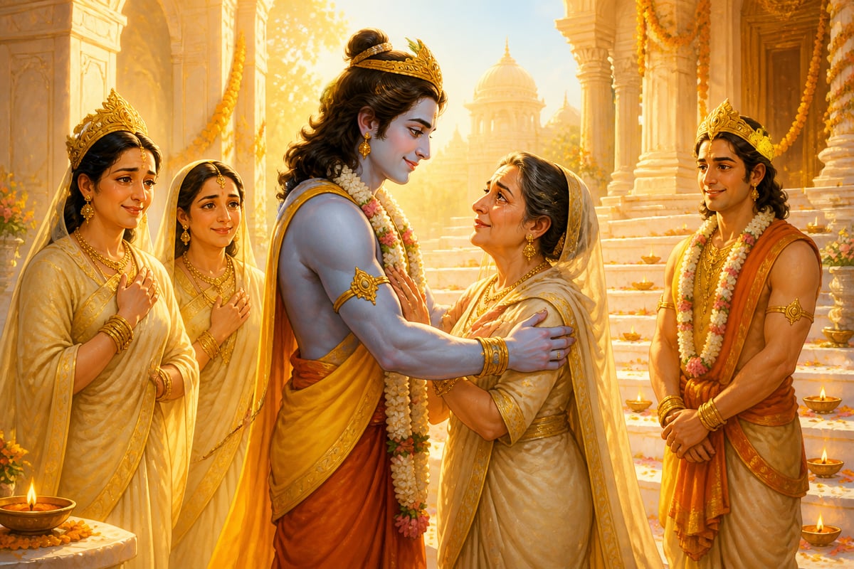 Rama embraces Kaikeyi in forgiveness on the palace steps