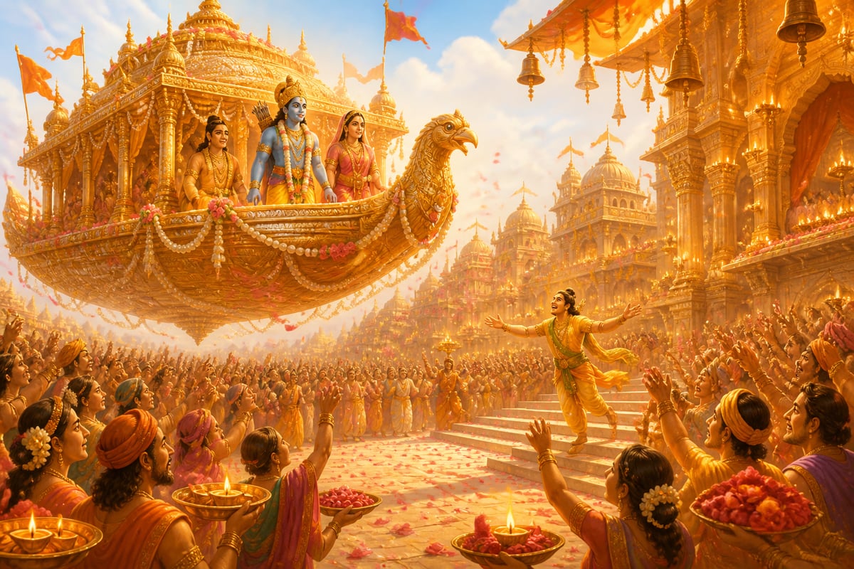 The Pushpaka Vimana descends into Ayodhya's plaza