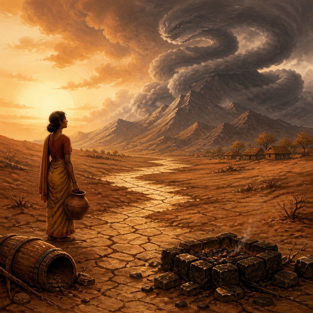 A parched Vedic plain at dawn with a lone woman holding an empty pot