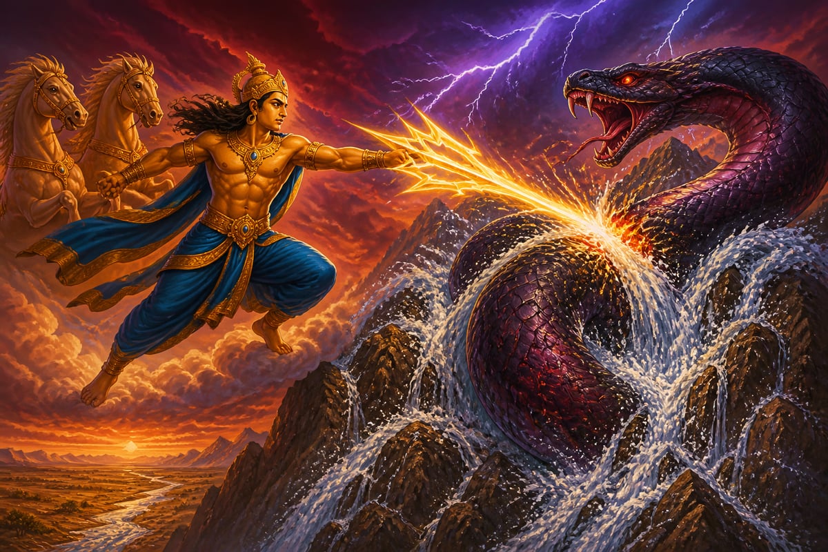 Indra hurling the vajra at coiled Vrtra