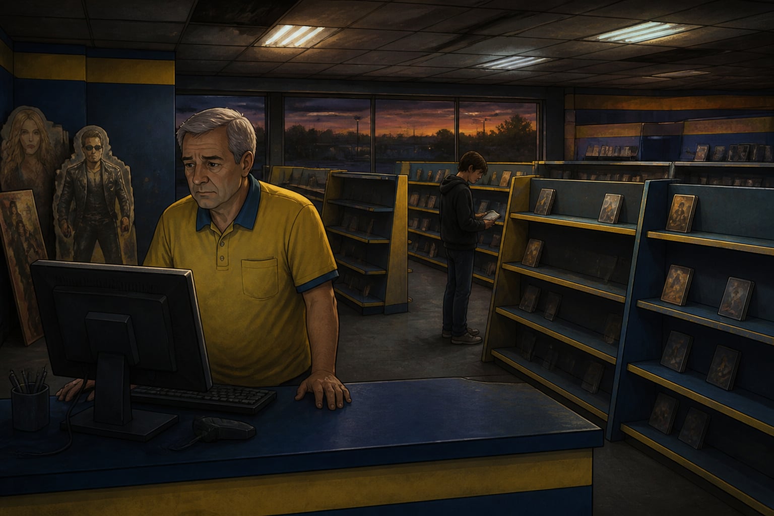 A Blockbuster store at twilight under flickering tubes