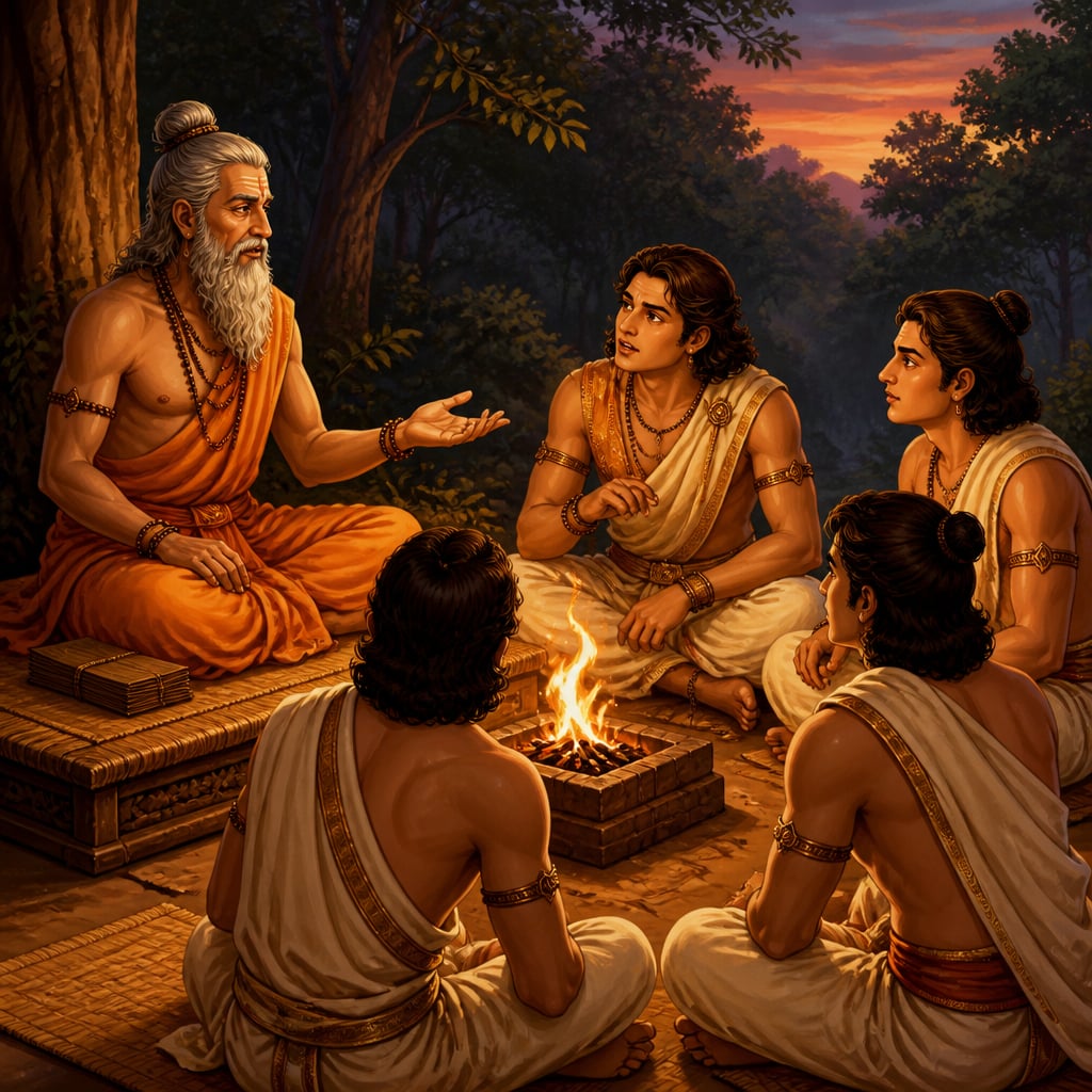 An old warrior-priest teaching young kshatriya princes by the fire