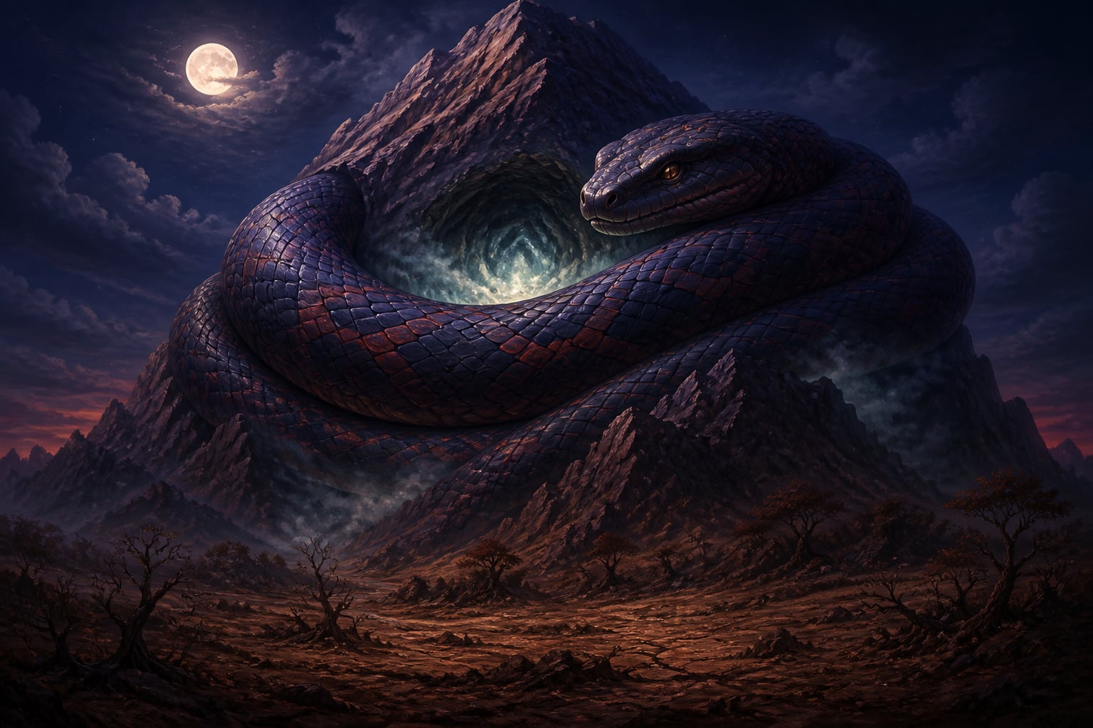 Vrtra the serpent coiled on the mountain hiding waters