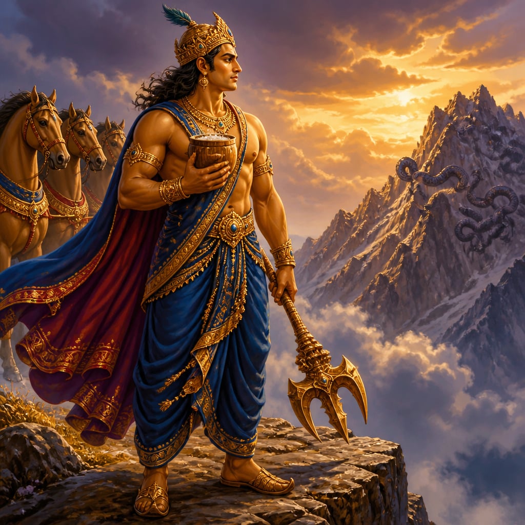 Indra still on a mountain ledge holding the soma cup before the strike