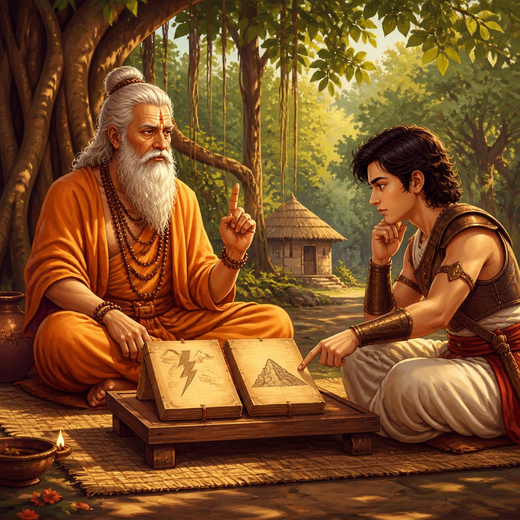 A seasoned Rishi with two palm-leaf hymn bundles and a young warrior