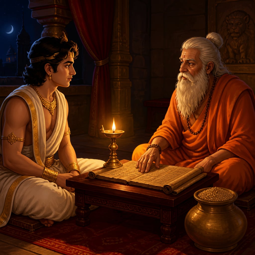 A young Vedic king and elder rishi at a lamp-lit night council