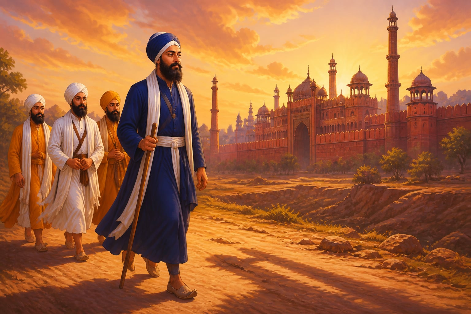 Guru Tegh Bahadur walking toward Mughal Delhi