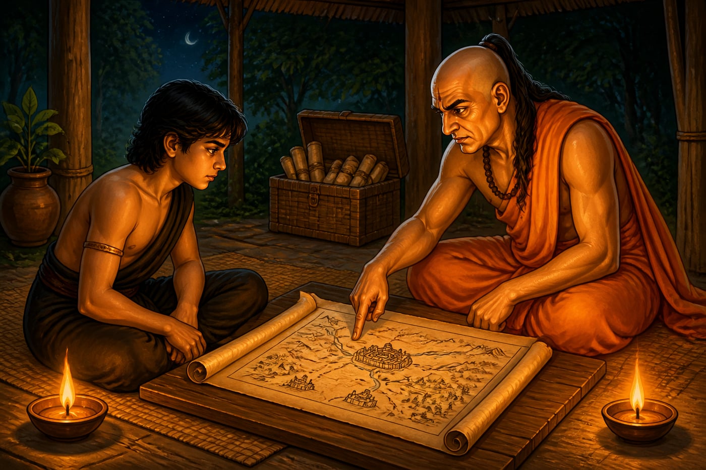 Chandragupta and Chanakya planning Magadha in exile
