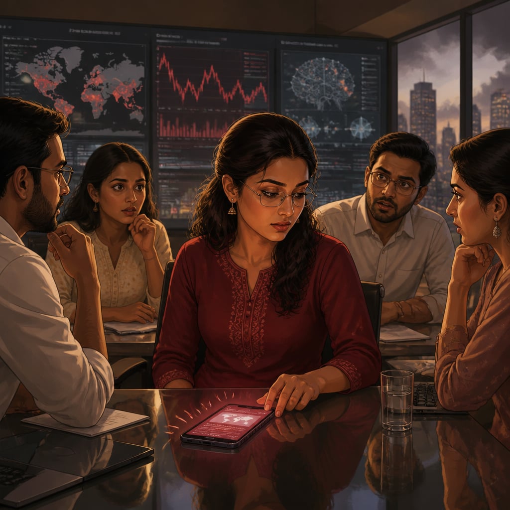 A young Indian executive turning to a buzzing phone mid-meeting