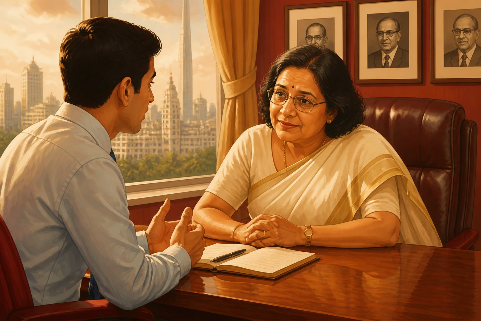 Arundhati Bhattacharya listening to a junior bank officer at SBI