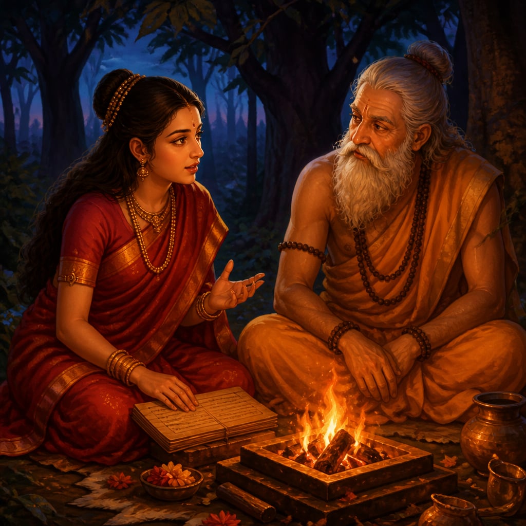 Lopamudra kneeling beside Agastya at the altar fire