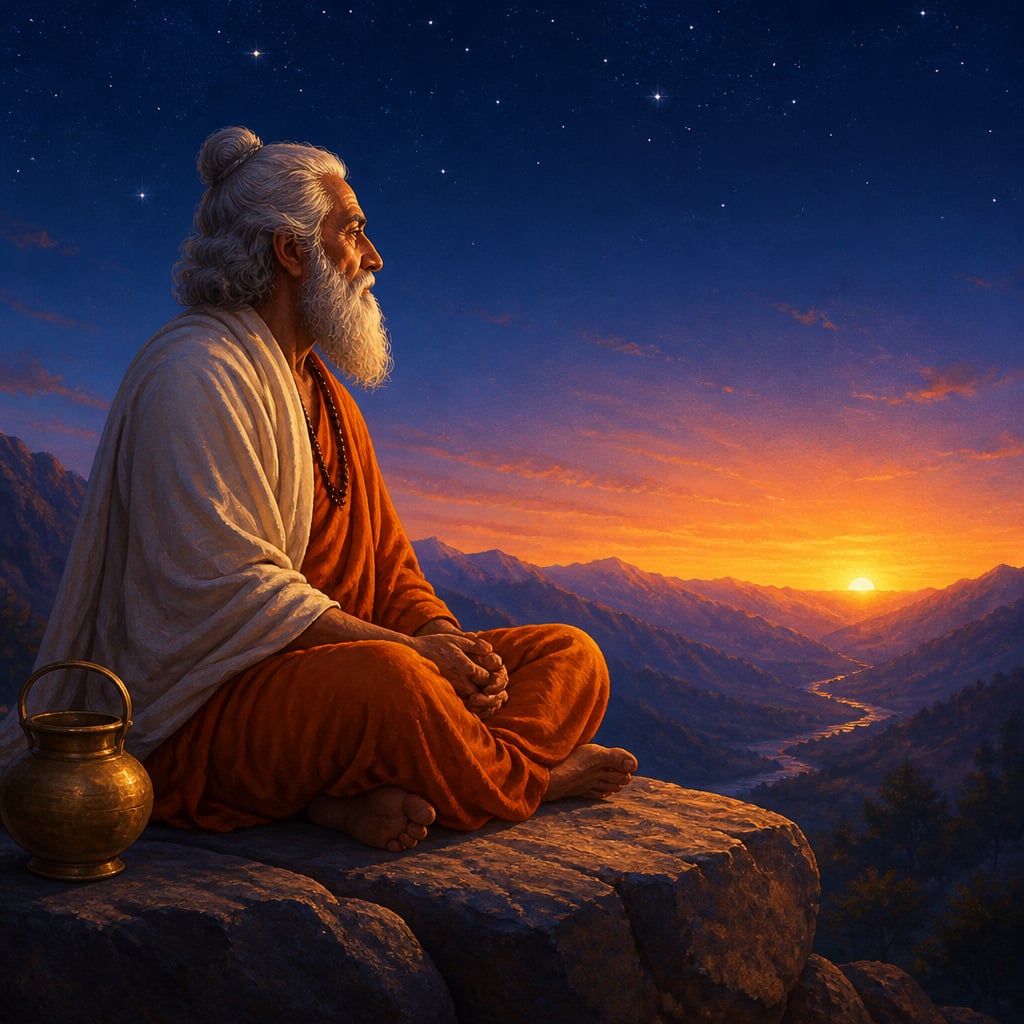 Vedic rishi on a Himalayan outcrop awaiting dawn