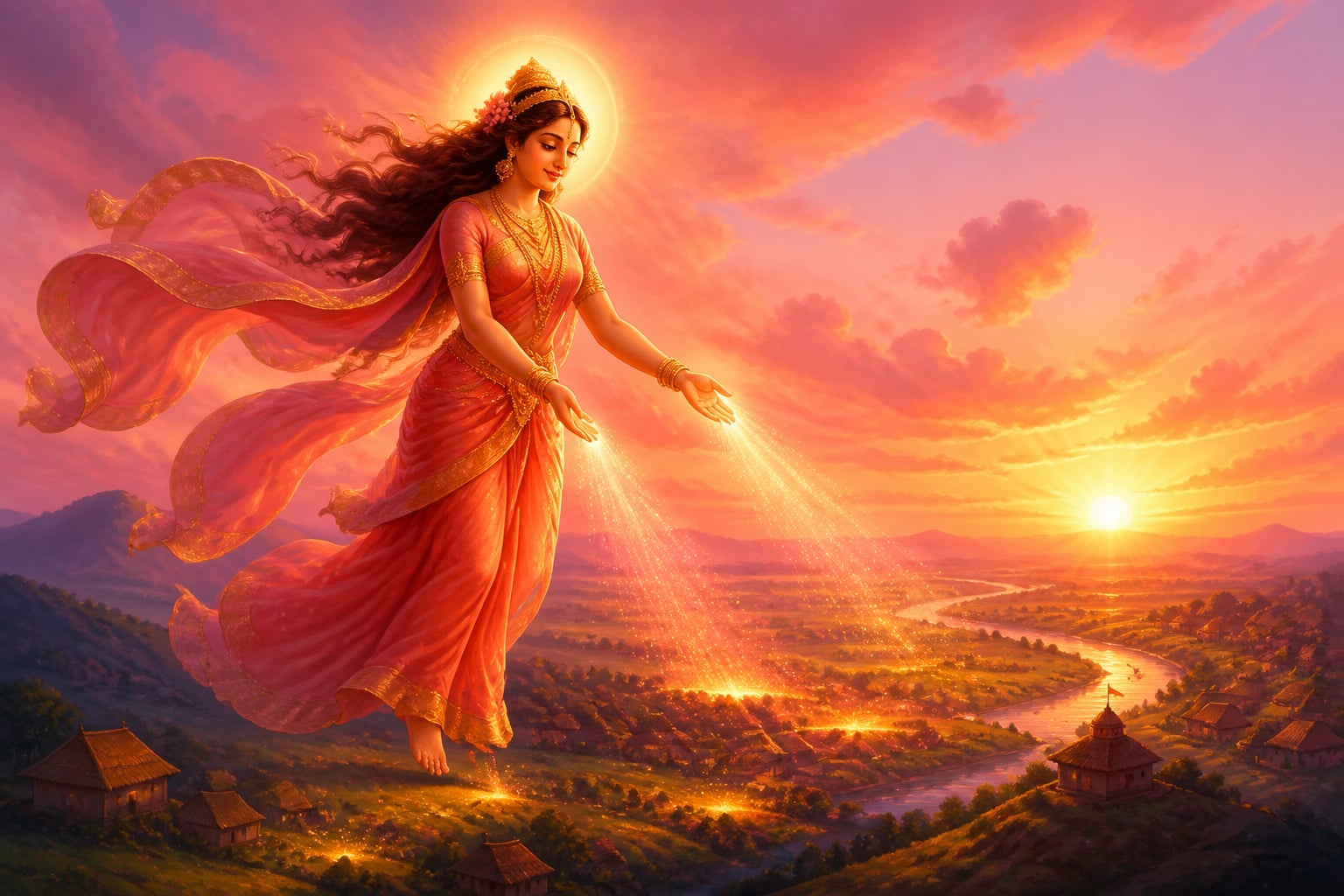 Ushas walking gently across the sky as dawn awakens the land
