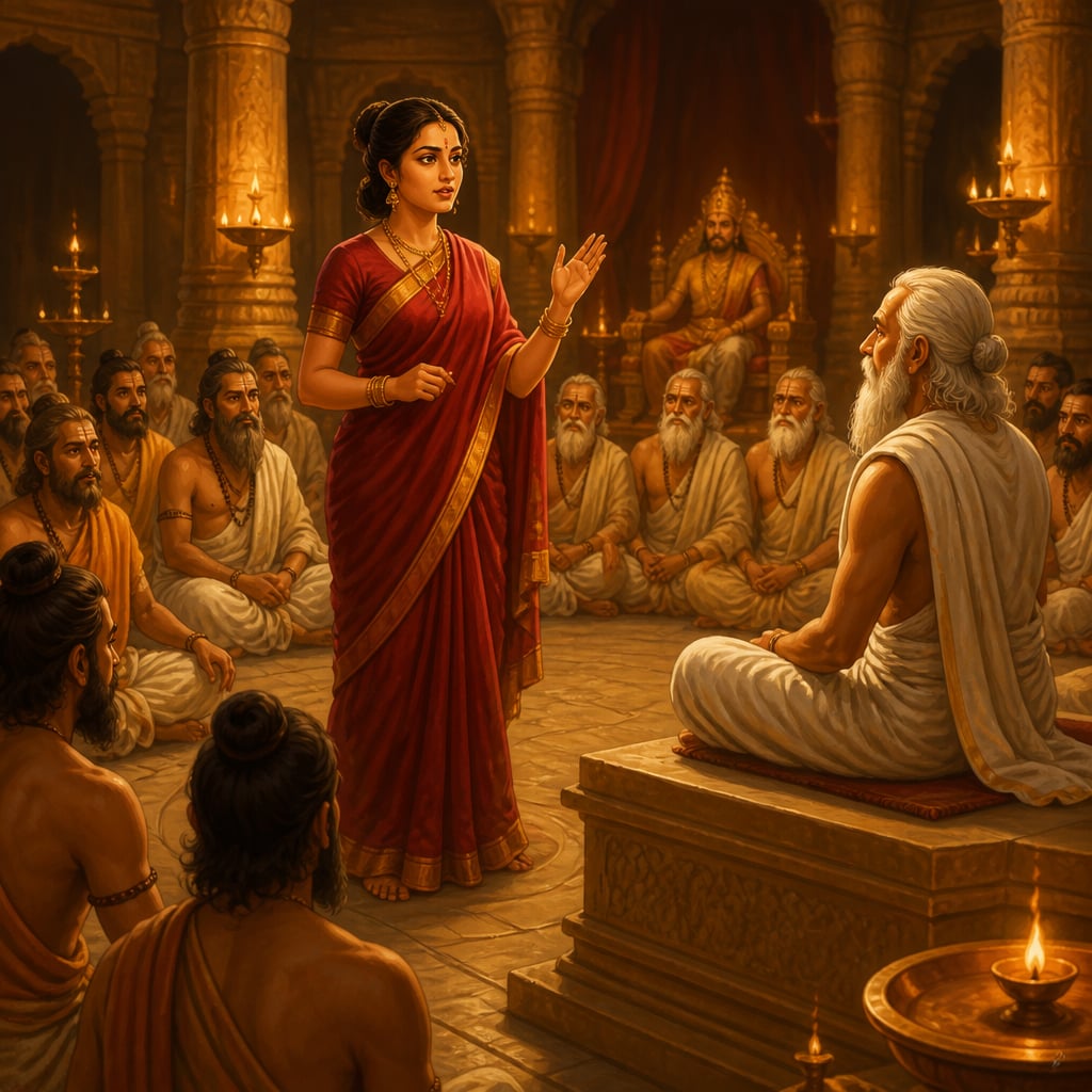 Gargi standing in King Janaka's assembly facing Yajnavalkya