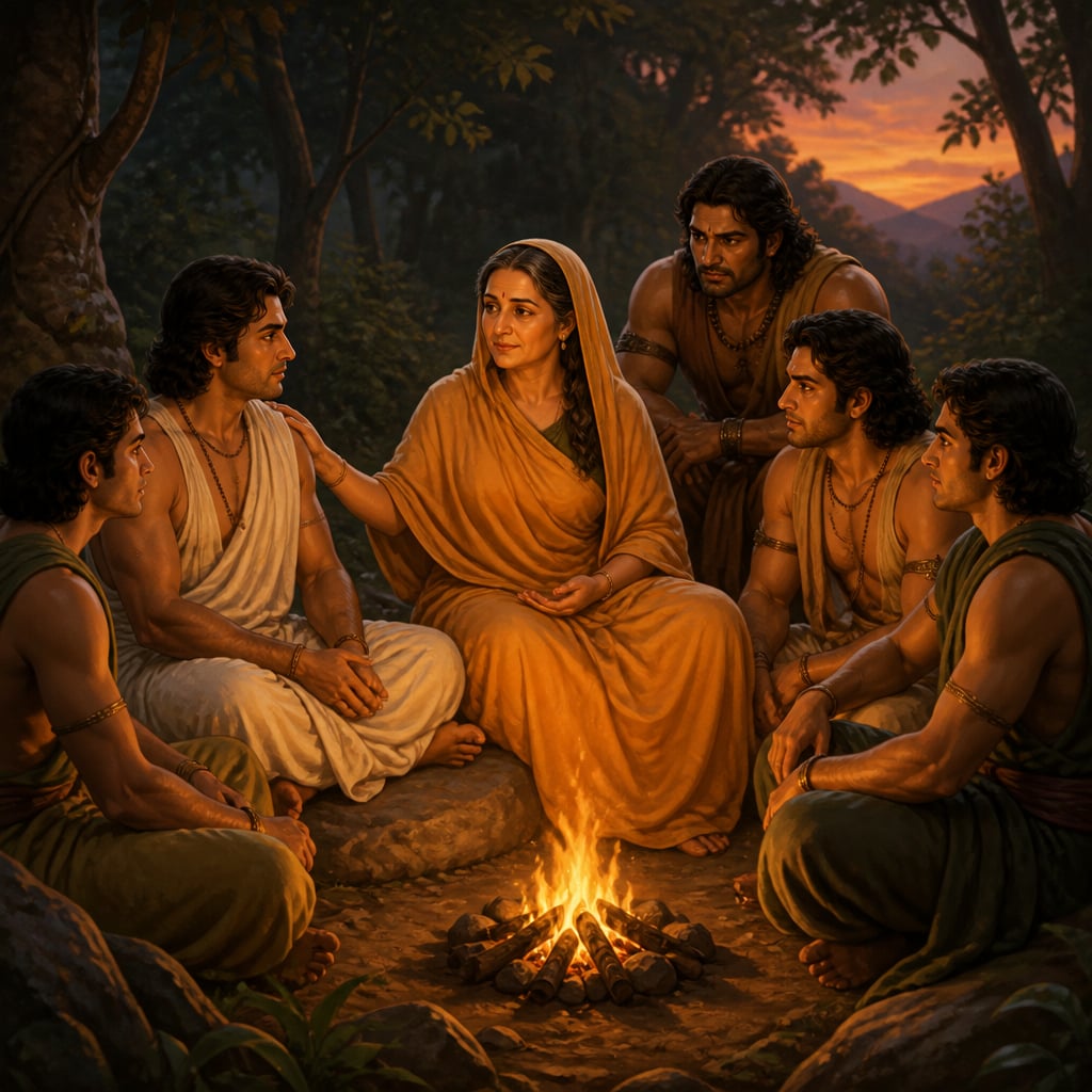 Kunti seated calmly on a forest stone in exile