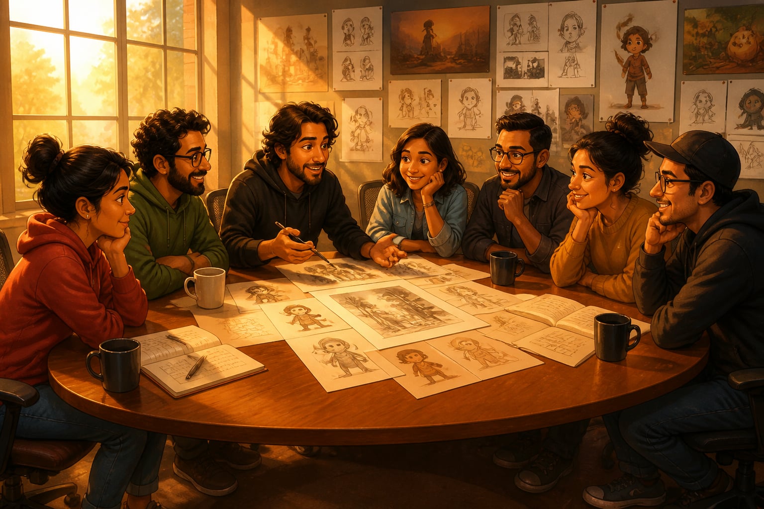 A Pixar Braintrust meeting with directors giving candid creative feedback