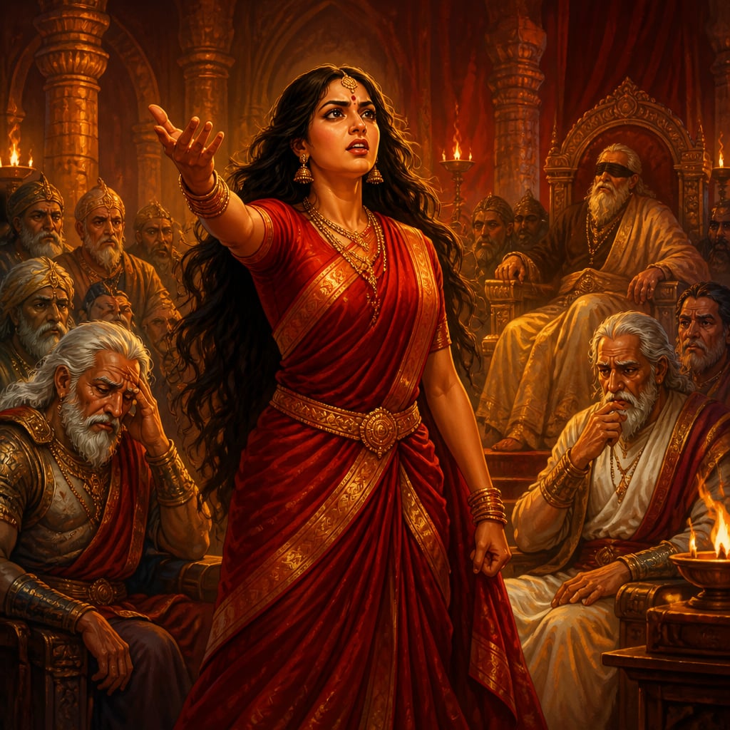 Draupadi standing tall in the Kuru assembly hall