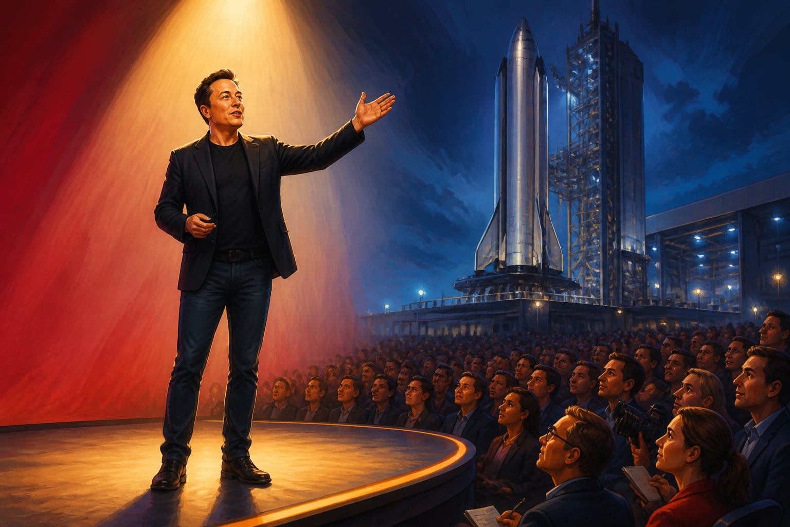 Elon Musk presenting on a SpaceX stage with a vast rocket behind
