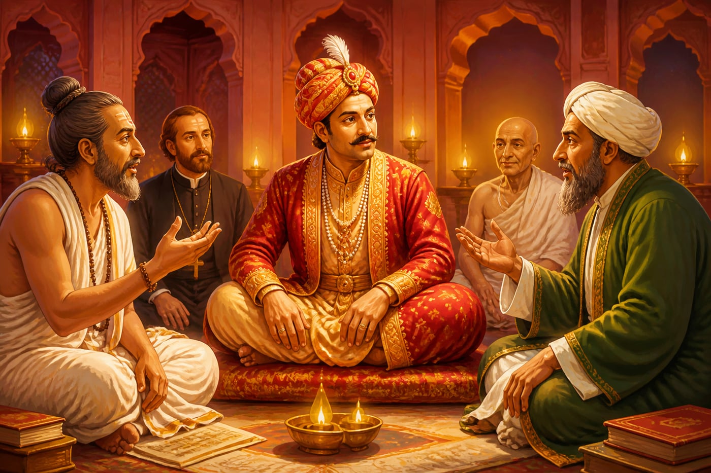 Akbar at Ibadat Khana listening to a Hindu pandit and a Muslim scholar