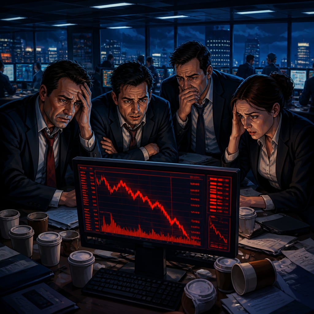 Wall Street executives tense around a Bloomberg terminal in 2008