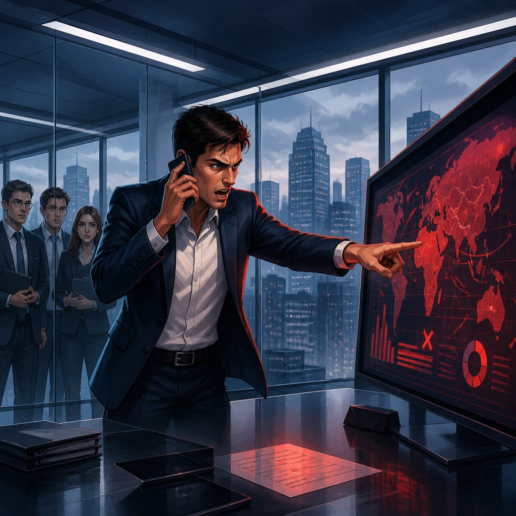 A young tech CEO alone in a glass-walled corner office