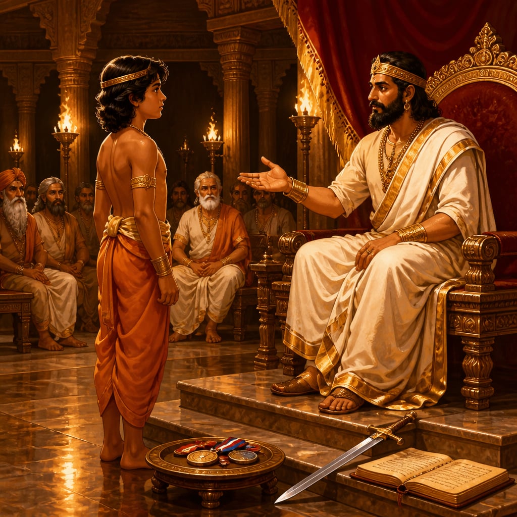 A young prince before his king-father in a torchlit hall