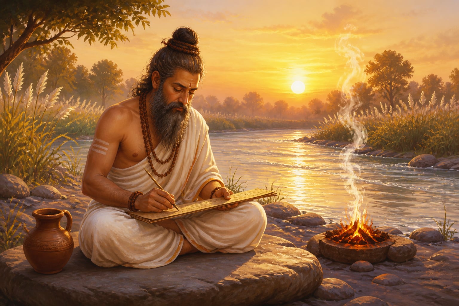 Vedic rishi writing by the Saraswati at dawn