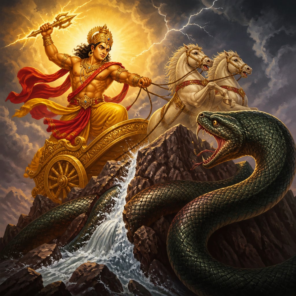 Indra striking Vritra with the vajra to free the waters