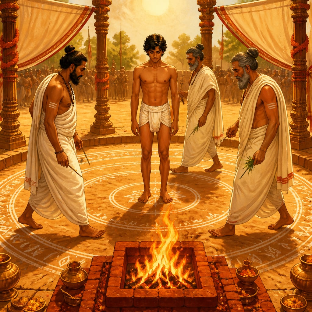 A king-to-be at the center of the Rajasuya ritual arena