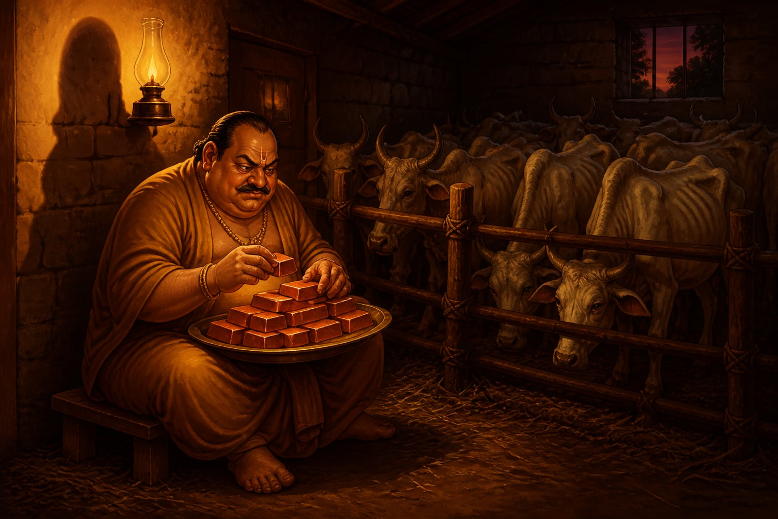 A miser hoarding cattle in a sealed byre
