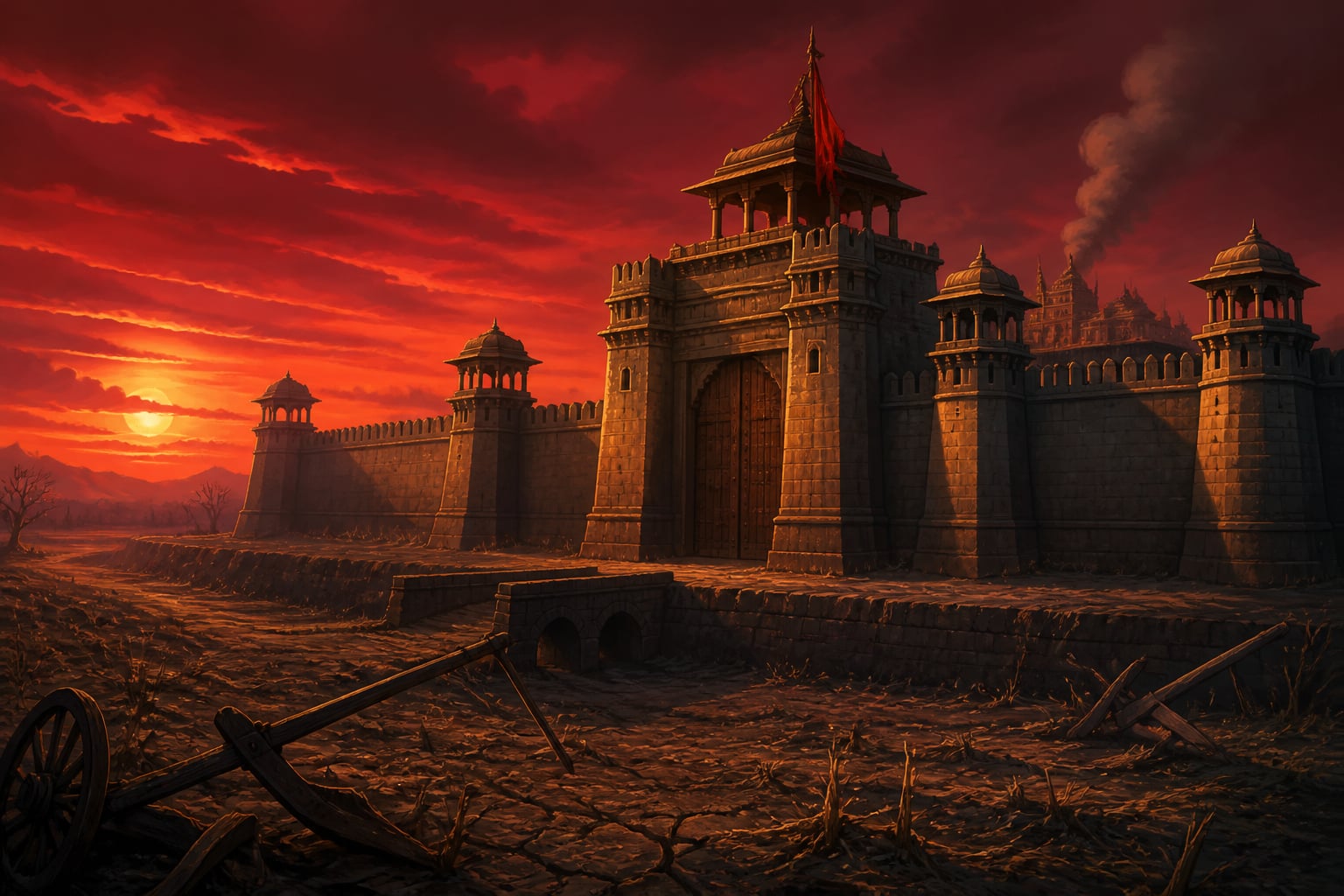 A sealed citadel at twilight with empty towers