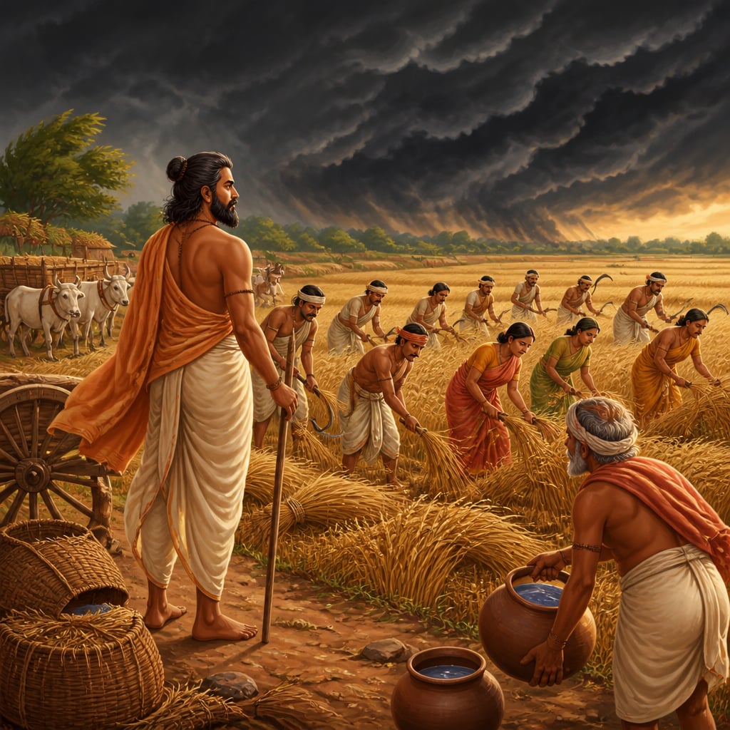 A village headman leading a harvest before the storm