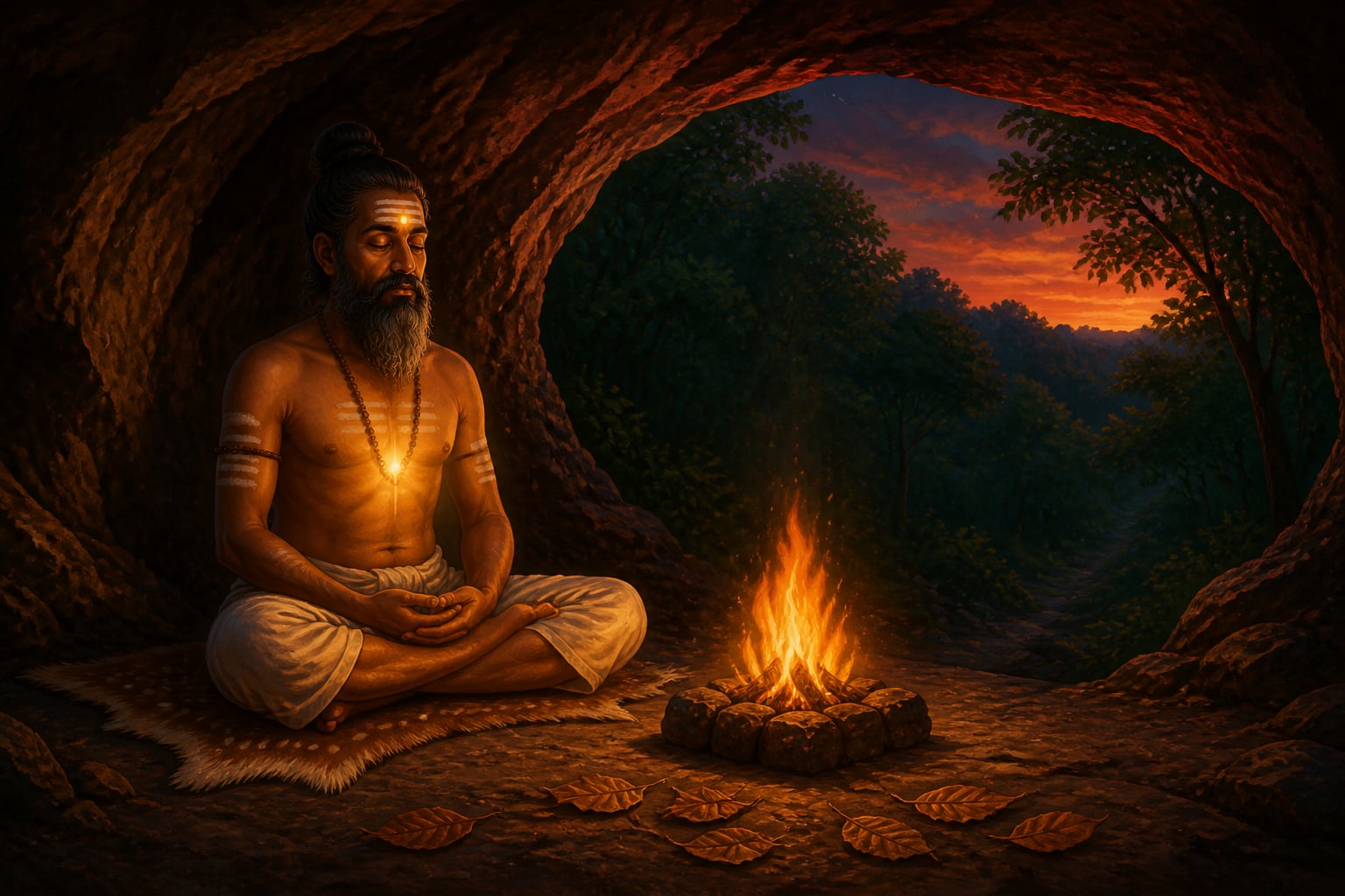 A rishi in deep tapas at a cave-mouth fire