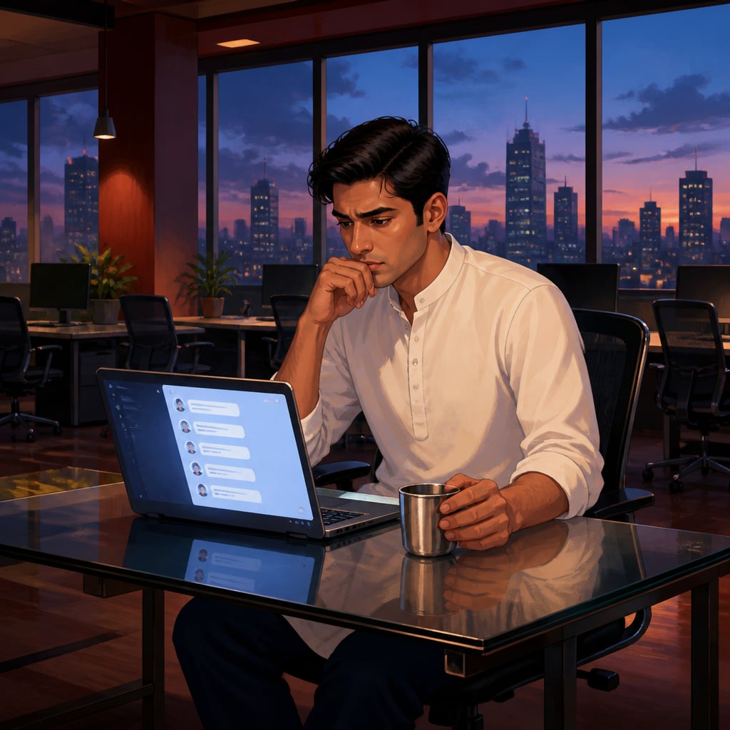 A modern leader alone at a desk in an empty office at dusk
