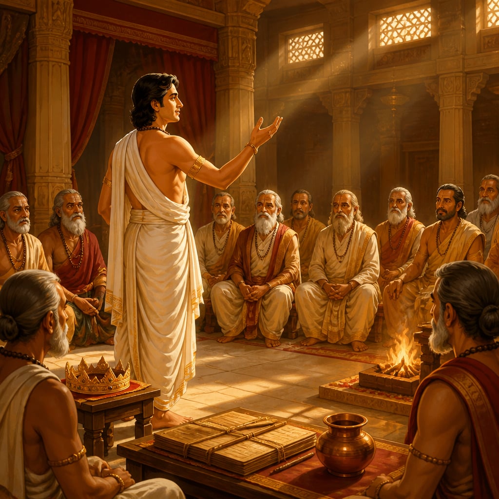 King Pratardana distributing spoils in his Vedic court