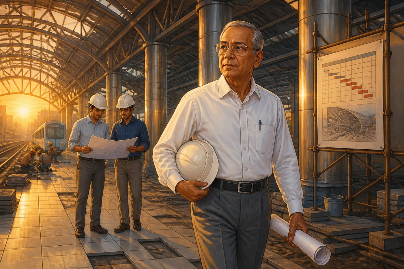 E. Sreedharan walking the under-construction Delhi Metro at dawn