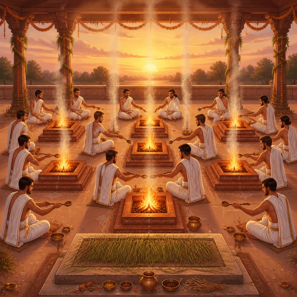 Seventeen priests tending seven fires in unison at a Vedic yajna