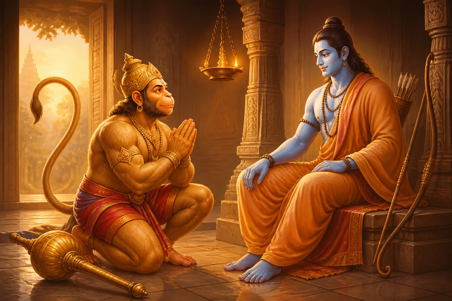 Hanuman kneeling before Rama in chosen service