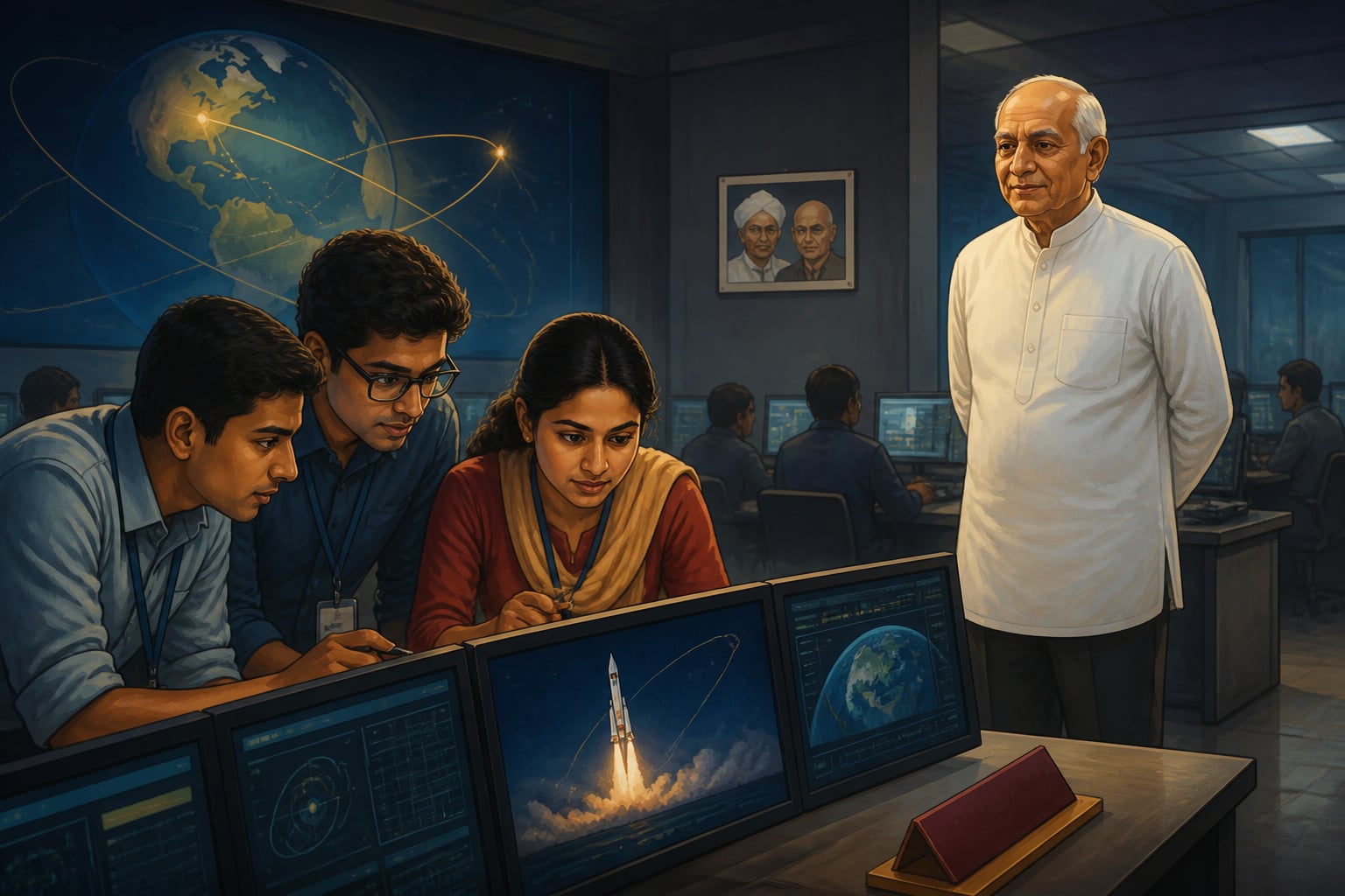 K. Kasturirangan standing quietly behind his ISRO mission control team