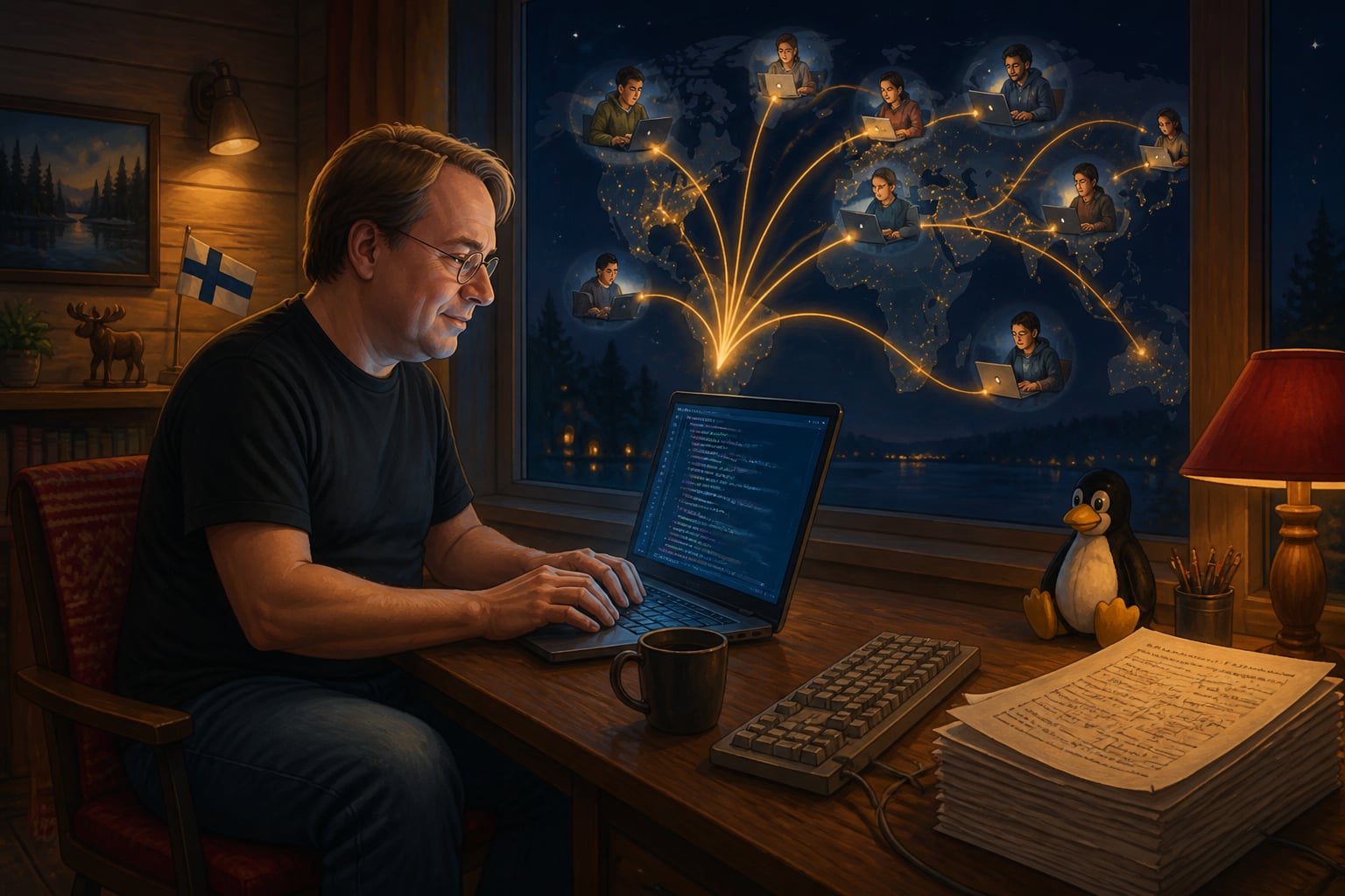 Linus Torvalds at his desk connected to global contributors