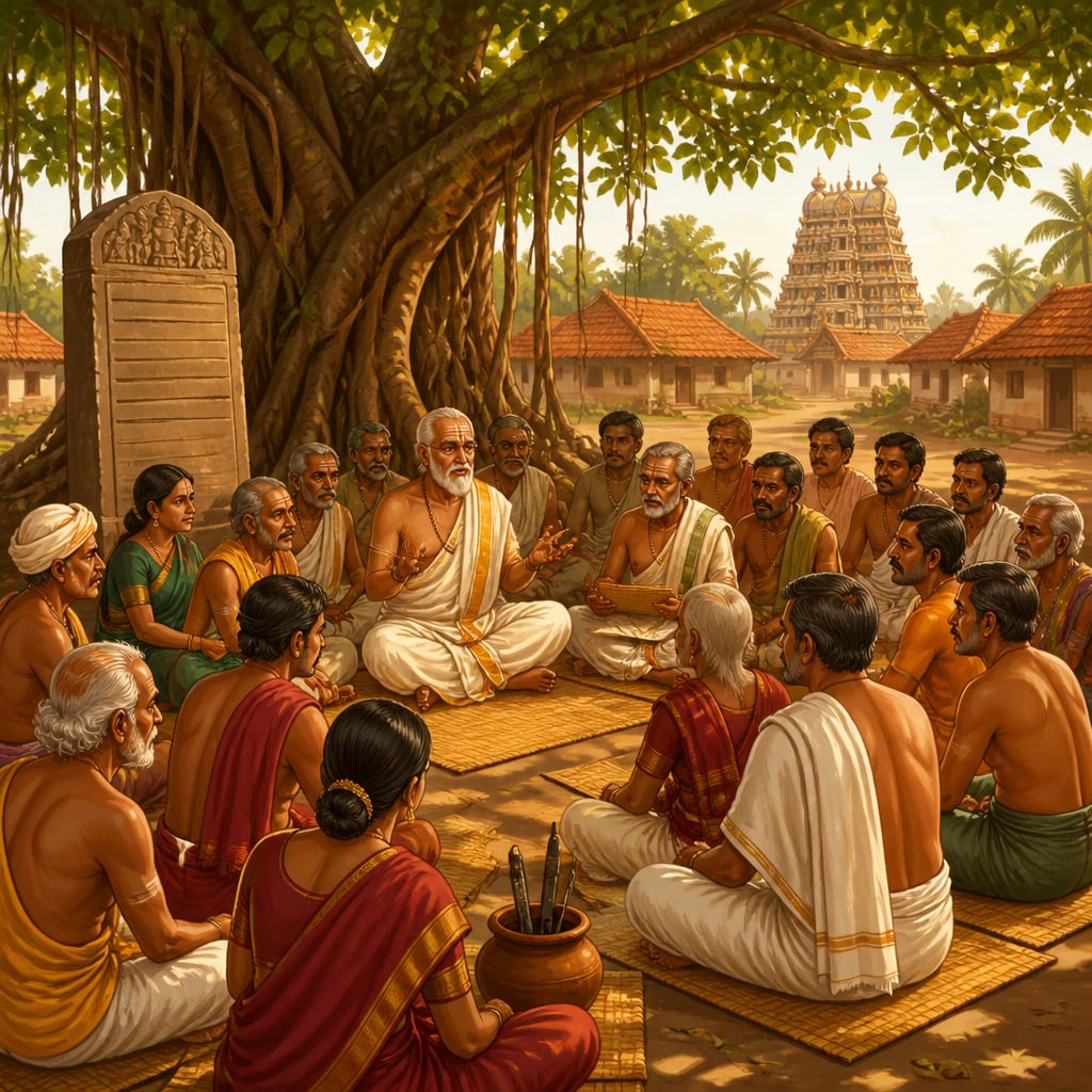Village elders deliberating under a banyan at Uthiramerur