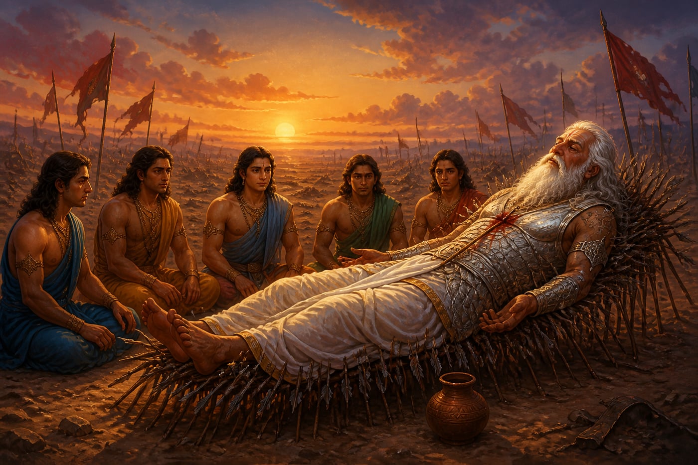 Bhishma reclining on his bed of arrows teaching the Pandavas