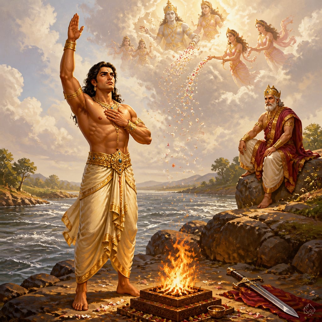 Prince Devavrata taking his terrible vow on the banks of the Ganga