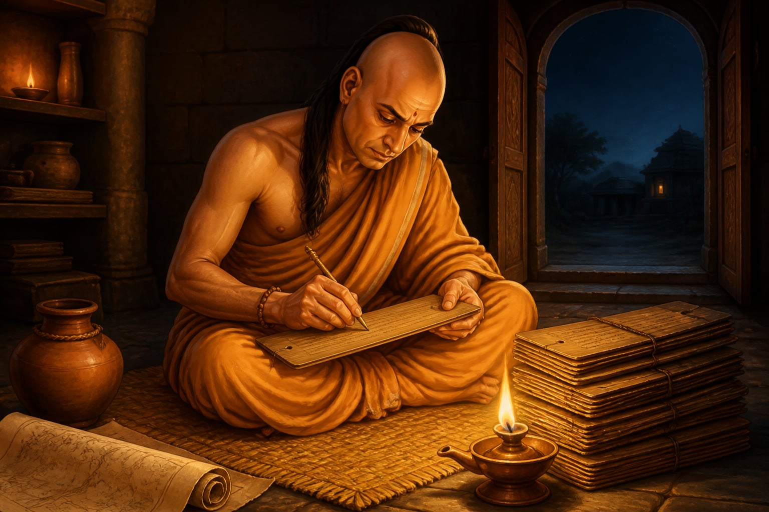 Chanakya writing the Arthashastra by lamplight