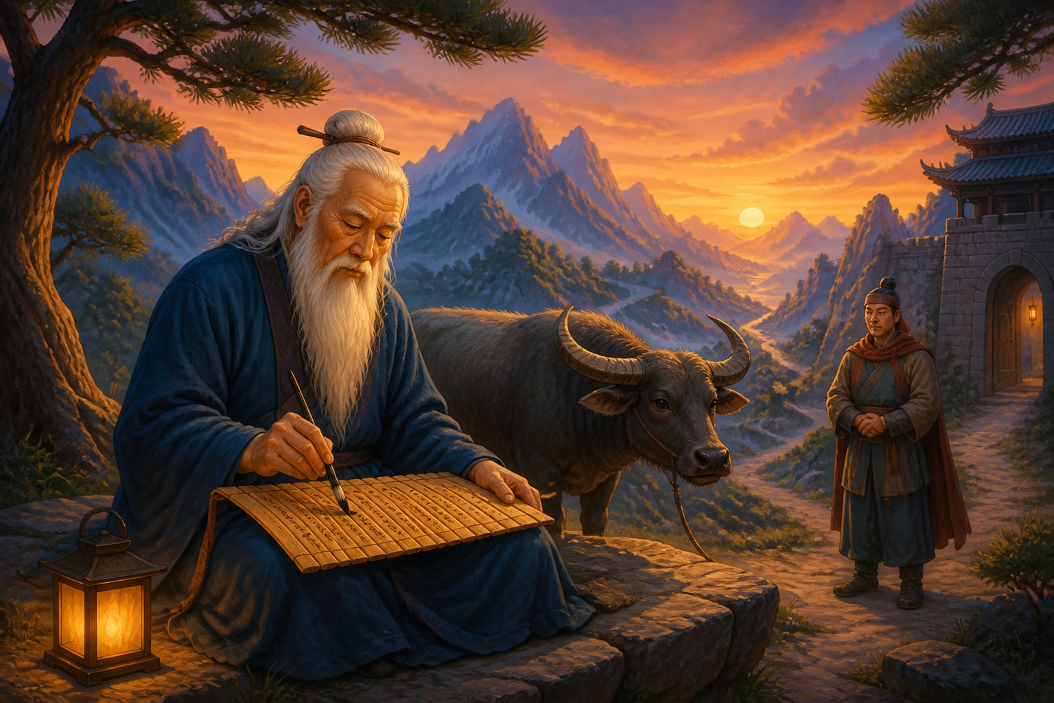 Lao Tzu writing the Tao Te Ching at the western pass