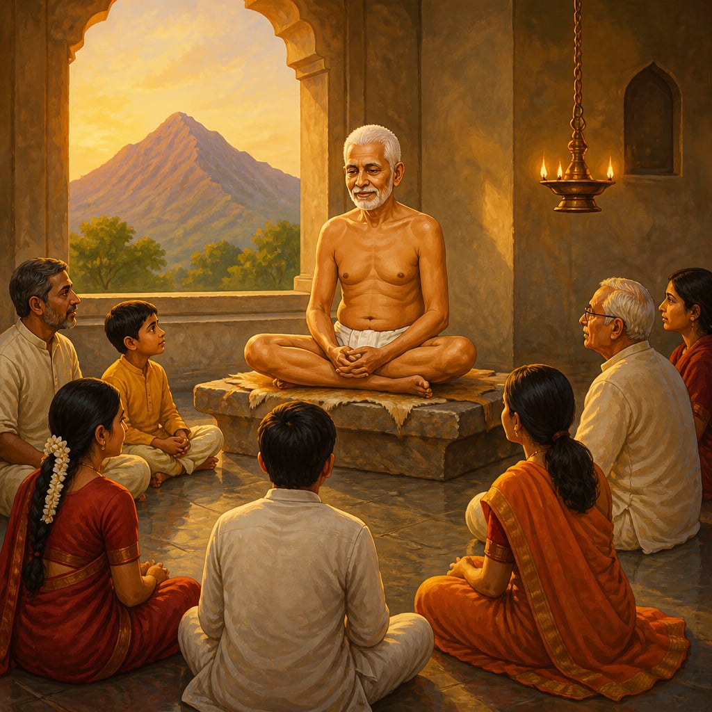 Ramana Maharshi seated in silent presence at Arunachala ashram