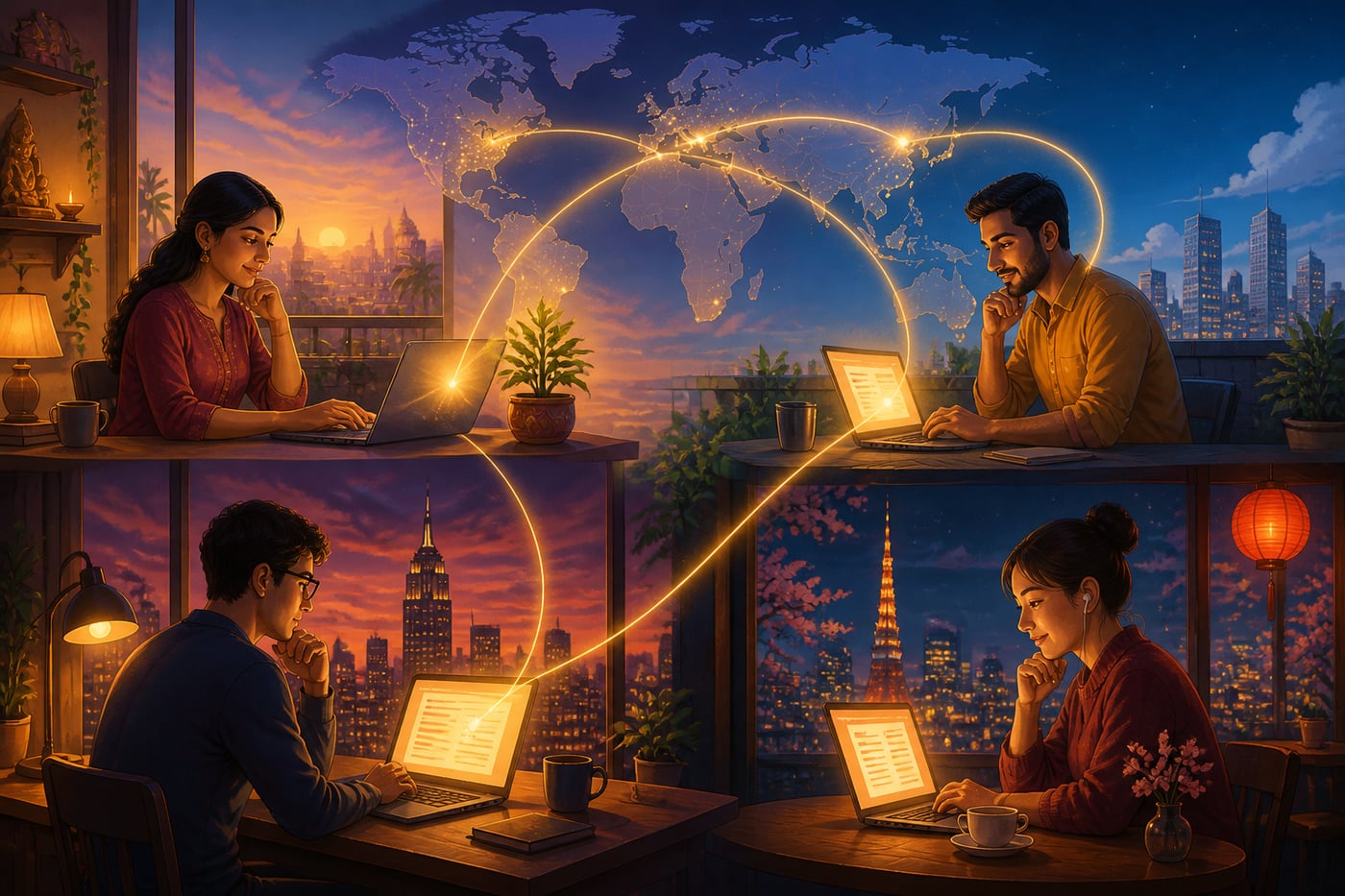 A distributed team working across time zones in samuha pattern