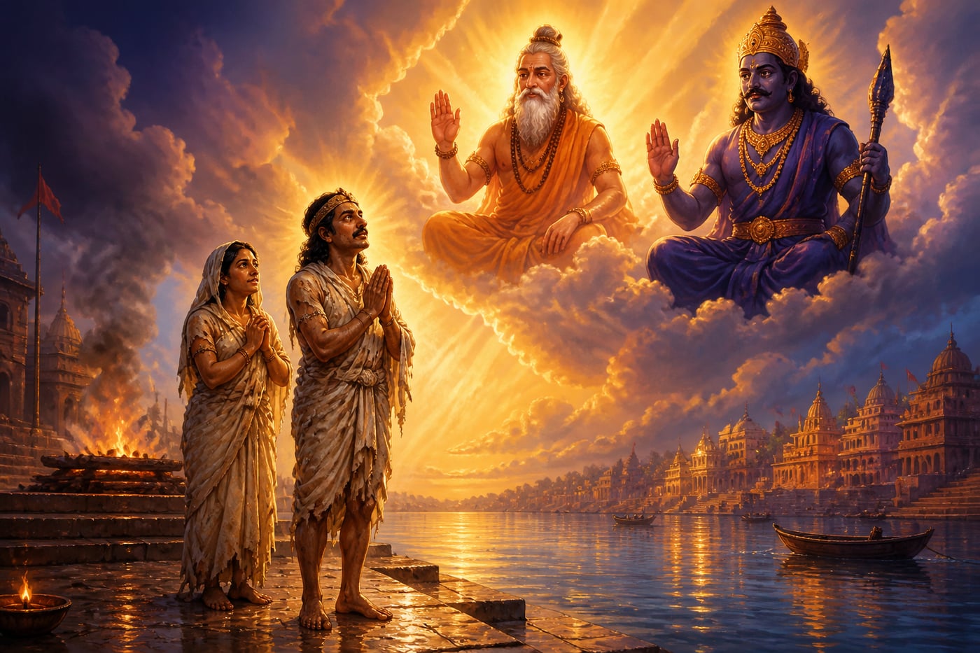 Vishvamitra and Yama appearing in blessing before Harishchandra